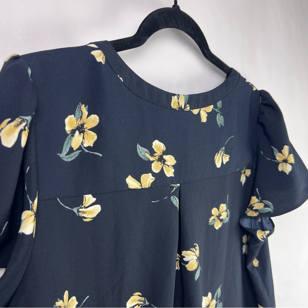 Hilary Radley Navy Floral Blouse, Yellow Flowers, Polyester, Flutter Sleeve Top - Picture 9 of 12